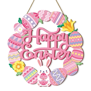 Ξύλινο στεφάνι Happy Easter με πολύχρωμα αυγά και λαγουδάκι για διακόσμηση πόρτας