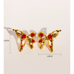 Golden liquid metal butterfly earrings with red zircon stones and 2.8cm width size