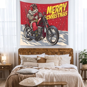 Detail of bohemian Christmas tapestry showing a motorcycle Santa in a cozy bedroom