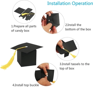 Step-by-step assembly guide for black graduation cap candy boxes with yellow tassels