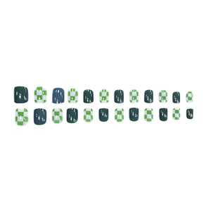 24pcs short square press-on nails set with green and white checkerboard pattern