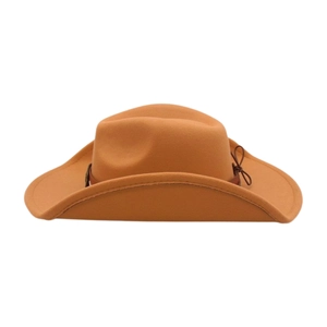 Detailed view of brown felt cowboy hat featuring a leather band with bow decoration