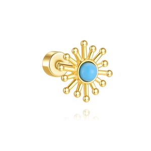 Detailed side view of gold sunburst stud earring with blue turquoise stone and screw back
