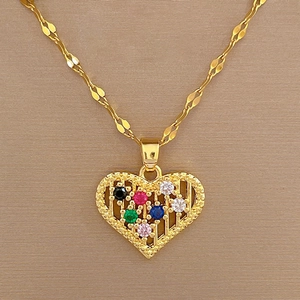 Luxury gold titanium necklace featuring a hollow heart pendant with multi-colored crystals