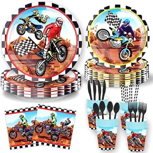 Dirt bike motocross party tableware set including paper plates, cups, and napkins