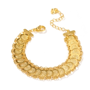 Golden coin charm bracelet with lobster clasp and heart pendant on white background