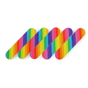 Detailed view of five rainbow striped nail files with rounded ends on a clean background