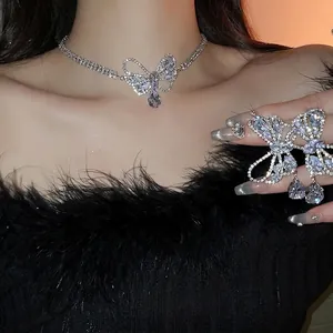 Zircon Bow Water Drop Jewelry Necklace And Earrings For Women Silver Tone Luxury Hollow Style With Silver Earring Post