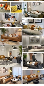 Collage of modern embroidered throw pillows on sofas in various styles and colors
