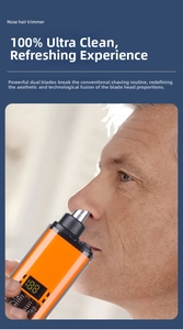 Detail showing nose hair trimmer with LED battery display and metal shaving head