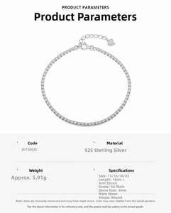 Detailed macro view of S925 sterling silver tennis bracelet with 3mm round 5A cubic zirconia