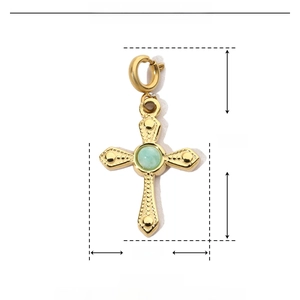 Detailed size parameters of gold stainless steel cross pendant with light green stone