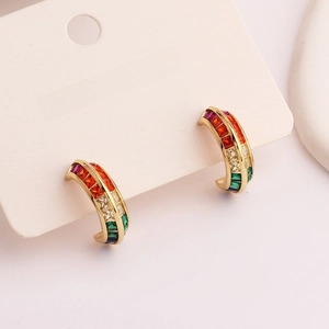 C Shaped Hoop Earrings Colorful Cubic Zirconia Micro Paved Rainbow Brass Jewelry For Women Fashion Niche Design