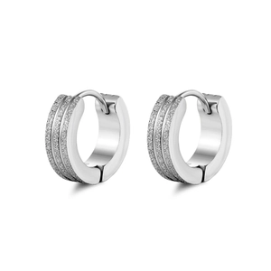 Silver frosted stainless steel hoop earrings for men with triple sandblasted matte finish