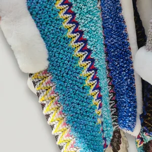 Close-up of wavy blue knit texture and soft white faux fur trim on ethnic style shawl
