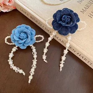 Elegant denim flower hair clips with pearl tassels in light and dark blue styles