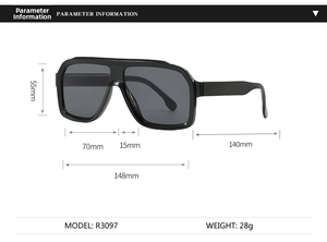 Detailed size specification chart for retro oversized sunglasses showing frame dimensions