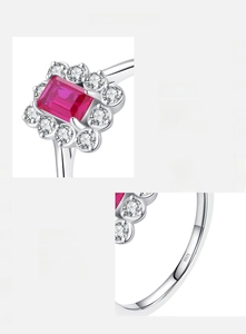 Macro detail of S925 sterling silver ring with square red gemstone and hand-set zircons