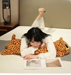 Soft giraffe print long plush body pillow shown in use for side sleeping and comfort