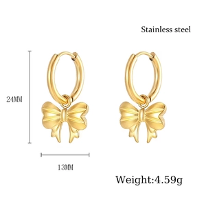Detailed view of gold bow earrings with 24mm height and 13mm width dimensions