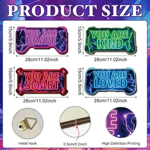 Neon gaming wooden wall plaque set with inspirational slogans and gaming controller shape