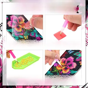 Step-by-step DIY diamond painting phone stand assembly guide with floral tools