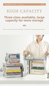Three transparent waterproof book storage bags with handles in small, medium, and large sizes