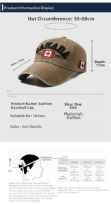 Size chart showing baseball cap brim, depth, and head circumference measurement guide