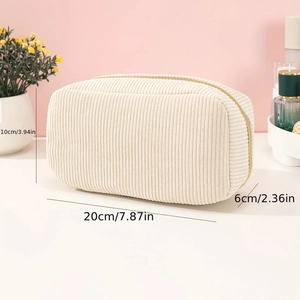 Beige corduroy large capacity makeup bag with gold zipper showing dimensions 20x10x6cm