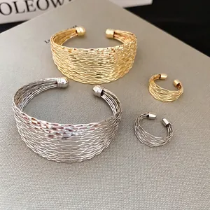 Bracelet And Ring Jewelry Multi Layer Metal Open Textured Wave Minimalist European Trendy Accessories For Women