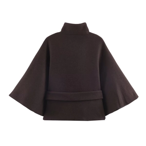 Women's dark brown tiered cape coat with belted waist, elegant back view silhouette