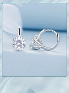 Close-up of sparkling s925 silver hoop earrings with six-prong set cubic zirconia