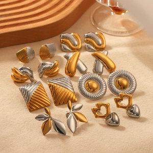 Two-tone geometric stainless steel earrings with gold and silver finishes in various shapes