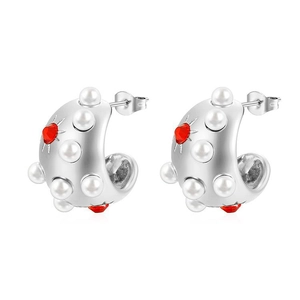 18K silver stainless steel C-shaped hoop earrings with pearls and red zircon stones