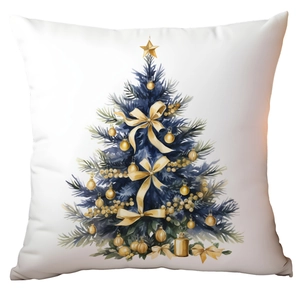 Detailed view of Christmas tree pattern in blue and gold on white square pillow case