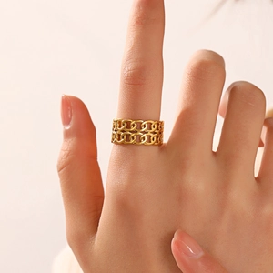 Double-layer gold chain weave stainless steel ring for women in minimalist style