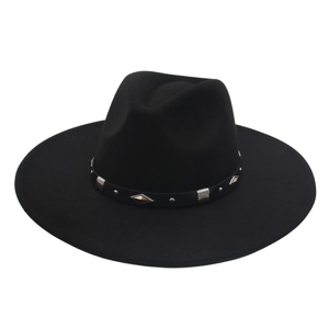 Detail of black wide brim jazz hat featuring a leather belt with diamond metal studs