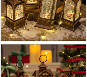 Nahaufnahme der bronzenen Weihnachtslaterne mit Schneemann und warmem LED-Licht
