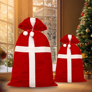 Christmas Santa Sack Gift Bag Red Flocked Cloth With Pompoms Drawstring Holiday Party Candy Storage Decoration