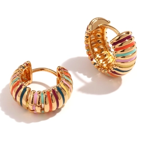 Retro 18K gold plated stainless steel hoop earrings with colorful rainbow enamel stripes
