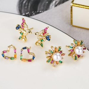 Colorful Zircon Heart Bird Flower Stud Earrings For Women Copper Gold Plated Elegant Fashion Jewelry