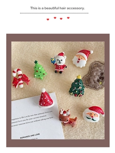 Close-up of sparkling Christmas resin charms with Santa and reindeer on knit background