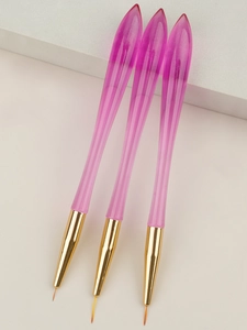 Three professional nail art liner brushes with pink acrylic handles and golden ferrules
