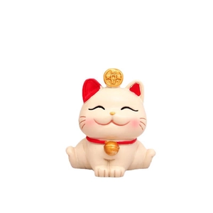 Cute resin Fortune Cat figurine in cream with red and gold accents for desk decoration