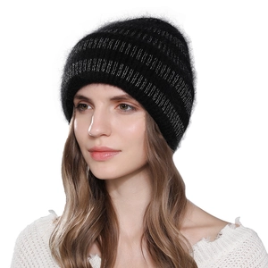 Winter rabbit fur knit beanie for women with silver thread wave pattern and plush texture