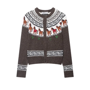 Vintage Western Knitted Cardigan Women Fair Isle Horse Pattern Cactus Embroidery Round Neck Button Down Sweater