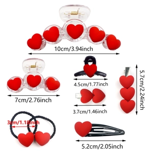 Detailed size chart of red heart hair clips and elastic hair ties for women and girls