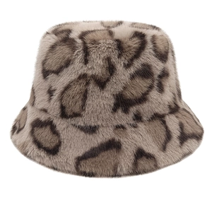 Detailed close-up of plush leopard print bucket hat with soft faux fur texture for winter