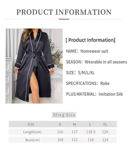 Size chart for black ice silk robe with pink piping and detailed measurements