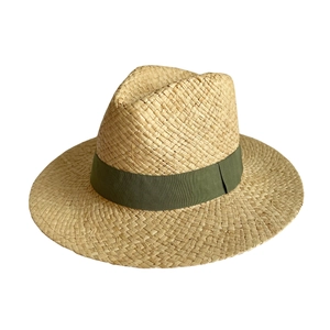 Classic raffia straw Panama hat in natural wood tone with olive green ribbon band